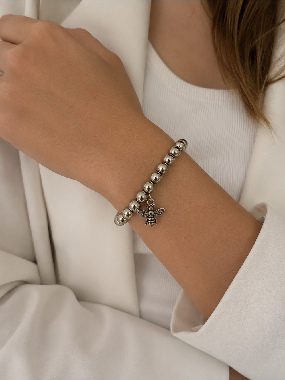Bee Charm Beaded Stretch Bracelet Silver Bead Stackable Nature Inspired Jewelry